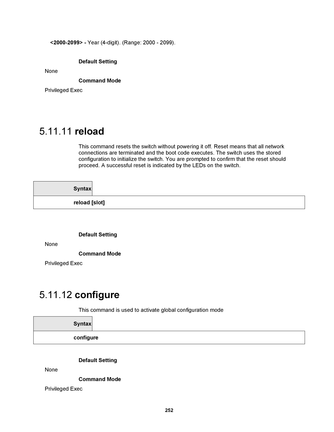 Fortinet MR1 manual Reload, Configure, Syntax reload slot Default Setting, Syntax configure Default Setting 