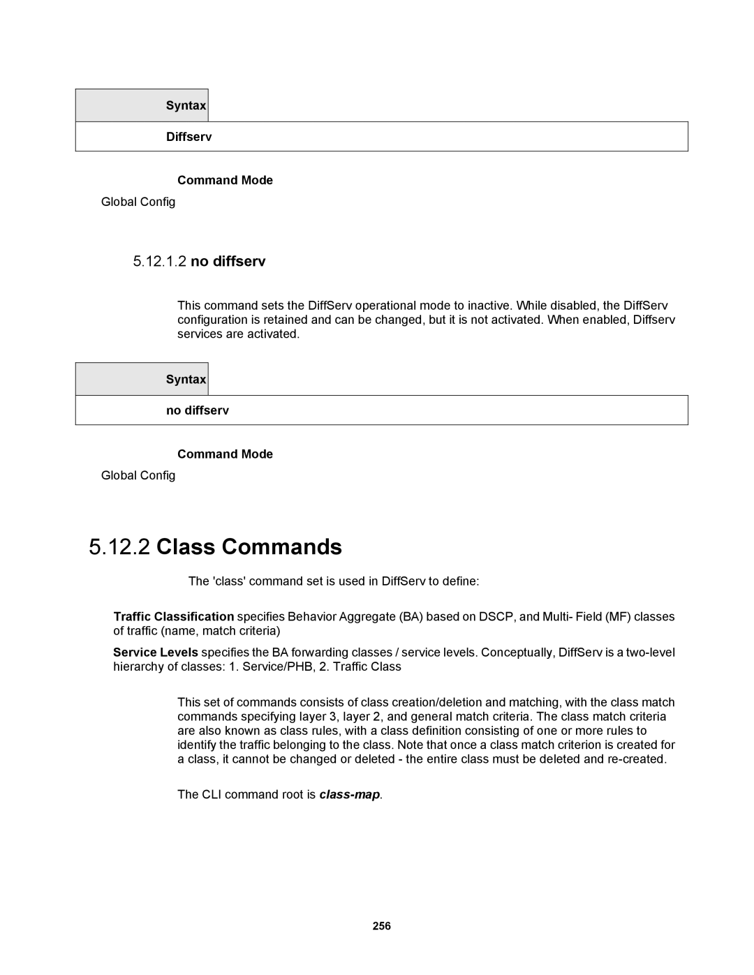 Fortinet MR1 manual Class Commands, Syntax Diffserv Command Mode, Syntax No diffserv Command Mode 