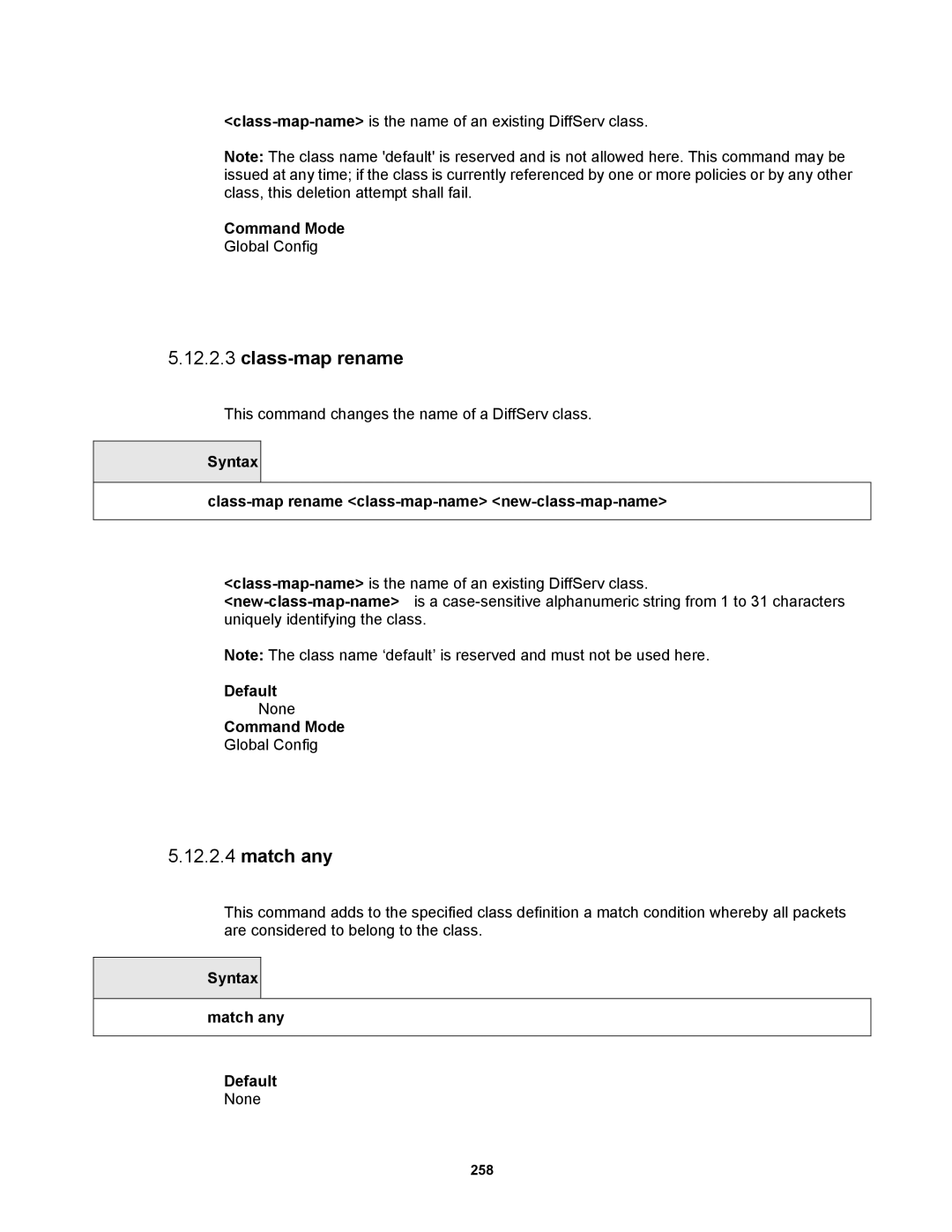 Fortinet MR1 manual Syntax Class-map rename class-map-name new-class-map-name, Syntax Match any Default 