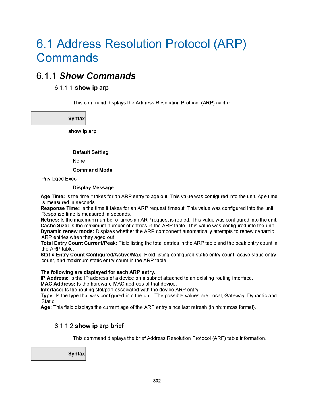 Fortinet MR1 manual Show ip arp brief, Syntax show ip arp Default Setting, Following are displayed for each ARP entry 