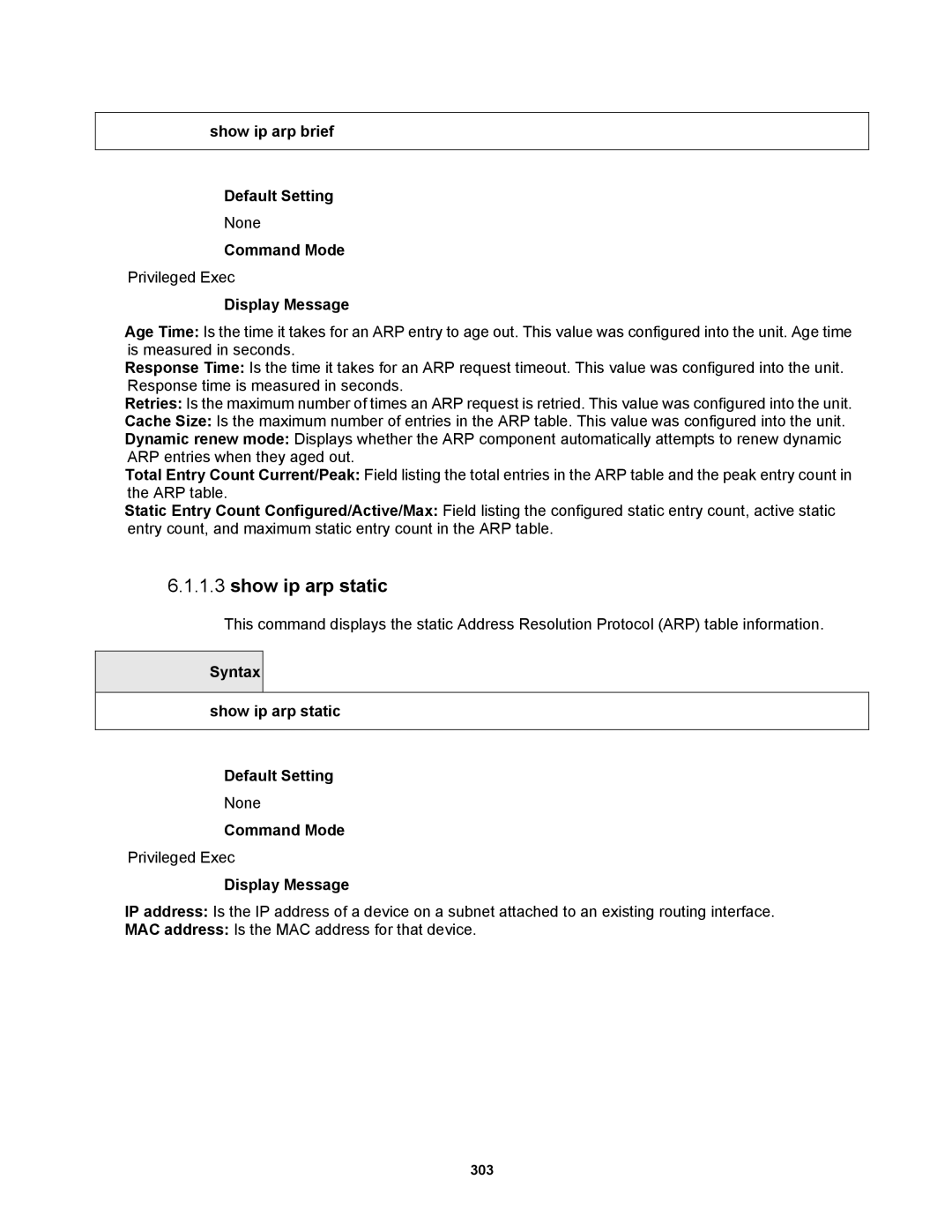 Fortinet MR1 manual Show ip arp brief Default Setting, Syntax Show ip arp static Default Setting 