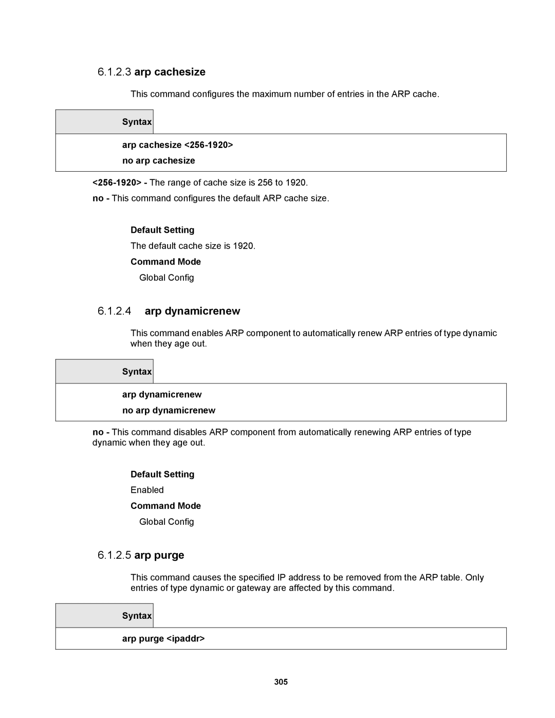 Fortinet MR1 manual Arp cachesize, Arp dynamicrenew, Arp purge 