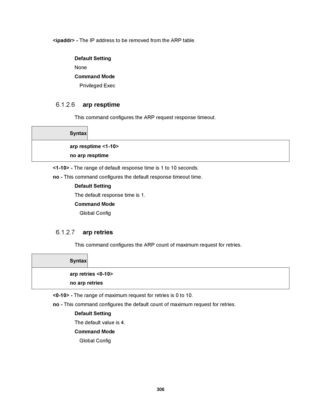 Fortinet MR1 manual Syntax Arp resptime 1-10 no arp resptime, Syntax Arp retries 0-10 no arp retries 