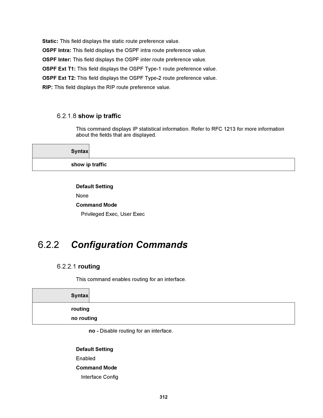 Fortinet MR1 manual Syntax Show ip traffic Default Setting, Syntax Routing no routing 