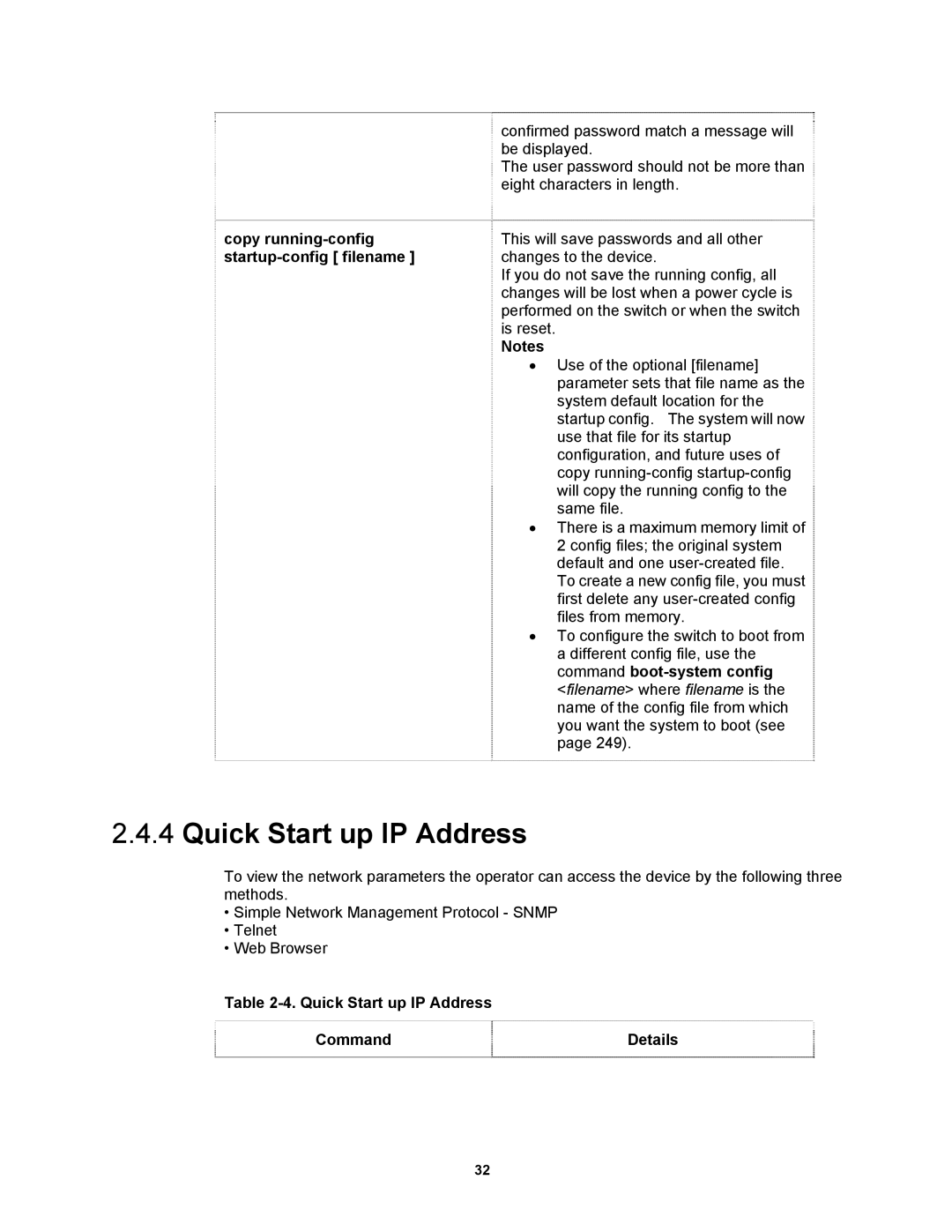 Fortinet MR1 manual Quick Start up IP Address, Copy running-config, Startup-config filename 