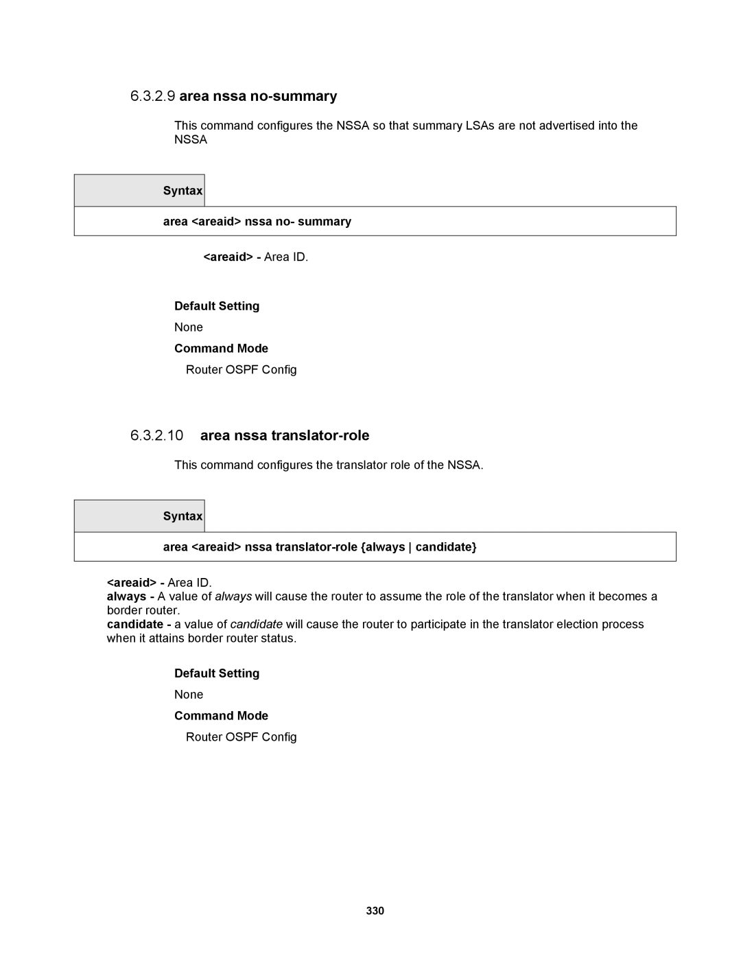 Fortinet MR1 manual Area nssa no-summary, Area nssa translator-role 