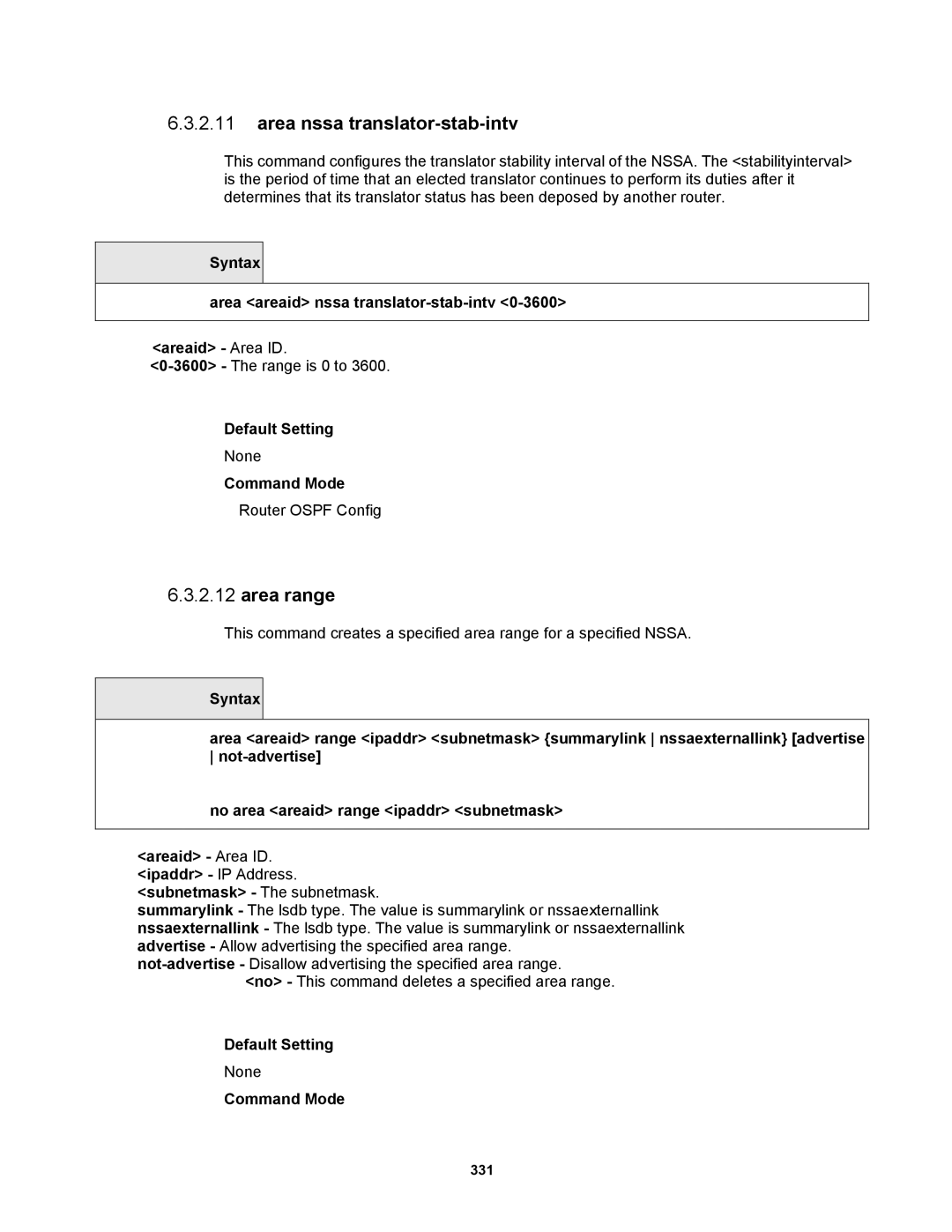 Fortinet MR1 manual Area nssa translator-stab-intv, Area range, Syntax Area areaid nssa translator-stab-intv Areaid Area ID 