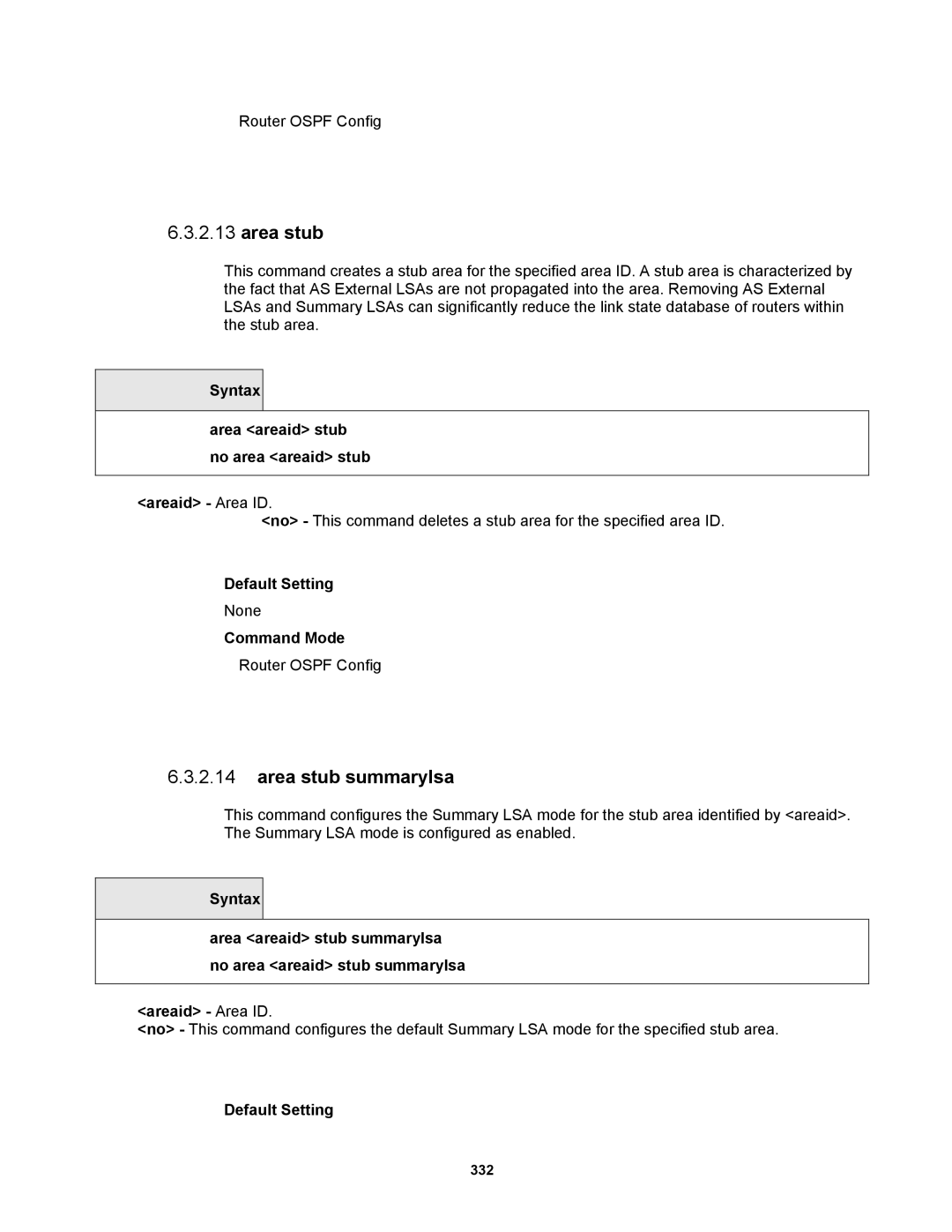 Fortinet MR1 manual Area stub summarylsa, Syntax Area areaid stub no area areaid stub Areaid Area ID 