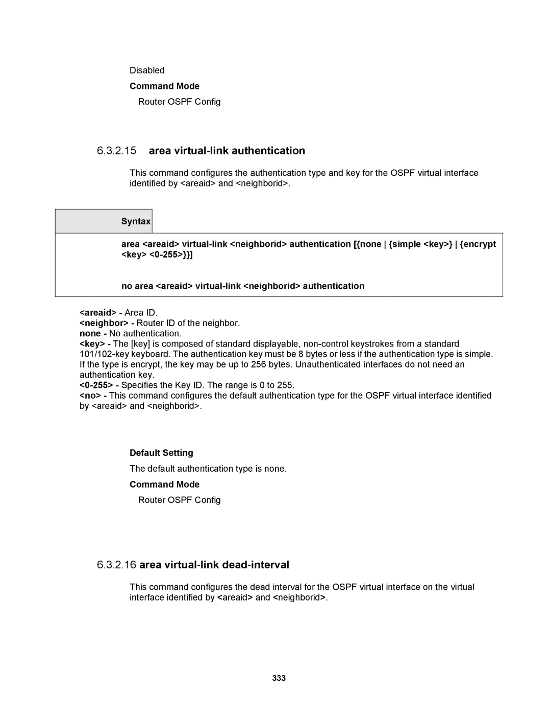 Fortinet MR1 manual Area virtual-link authentication, Area virtual-link dead-interval 