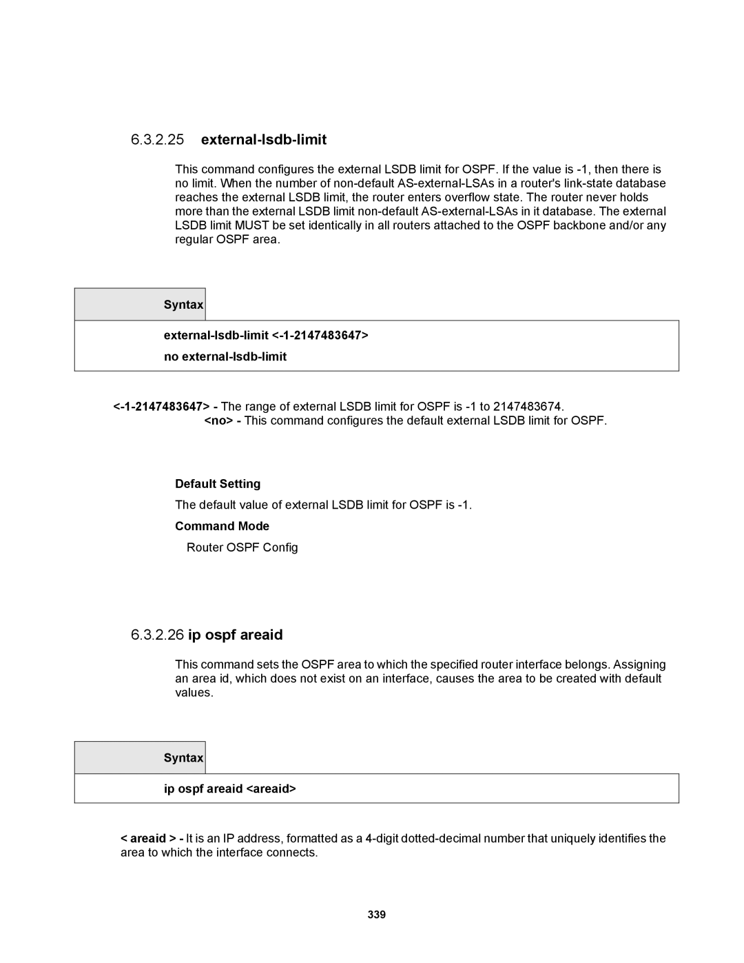 Fortinet MR1 manual External-lsdb-limit, Syntax Ip ospf areaid areaid 