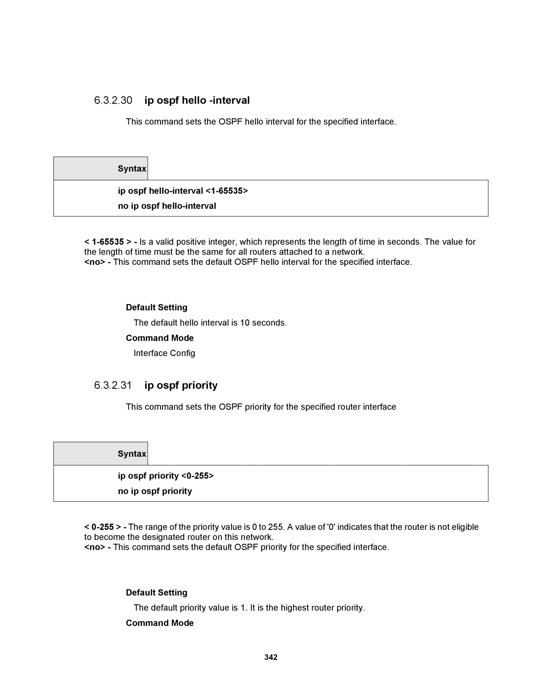 Fortinet MR1 manual Ip ospf hello -interval, Syntax Ip ospf priority 0-255 no ip ospf priority 