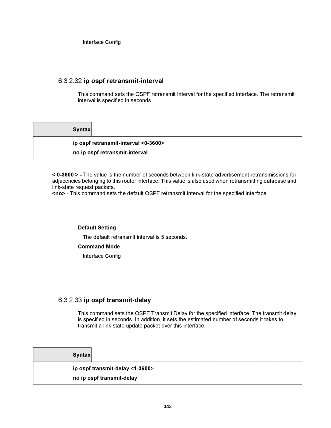 Fortinet MR1 manual Ip ospf retransmit-interval, Ip ospf transmit-delay 