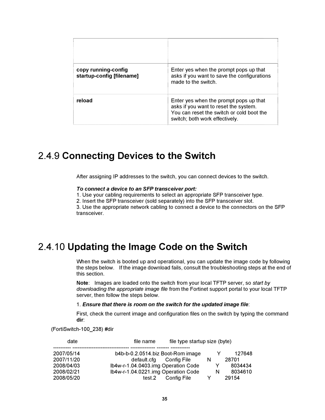 Fortinet MR1 manual Connecting Devices to the Switch, Updating the Image Code on the Switch, Reload 