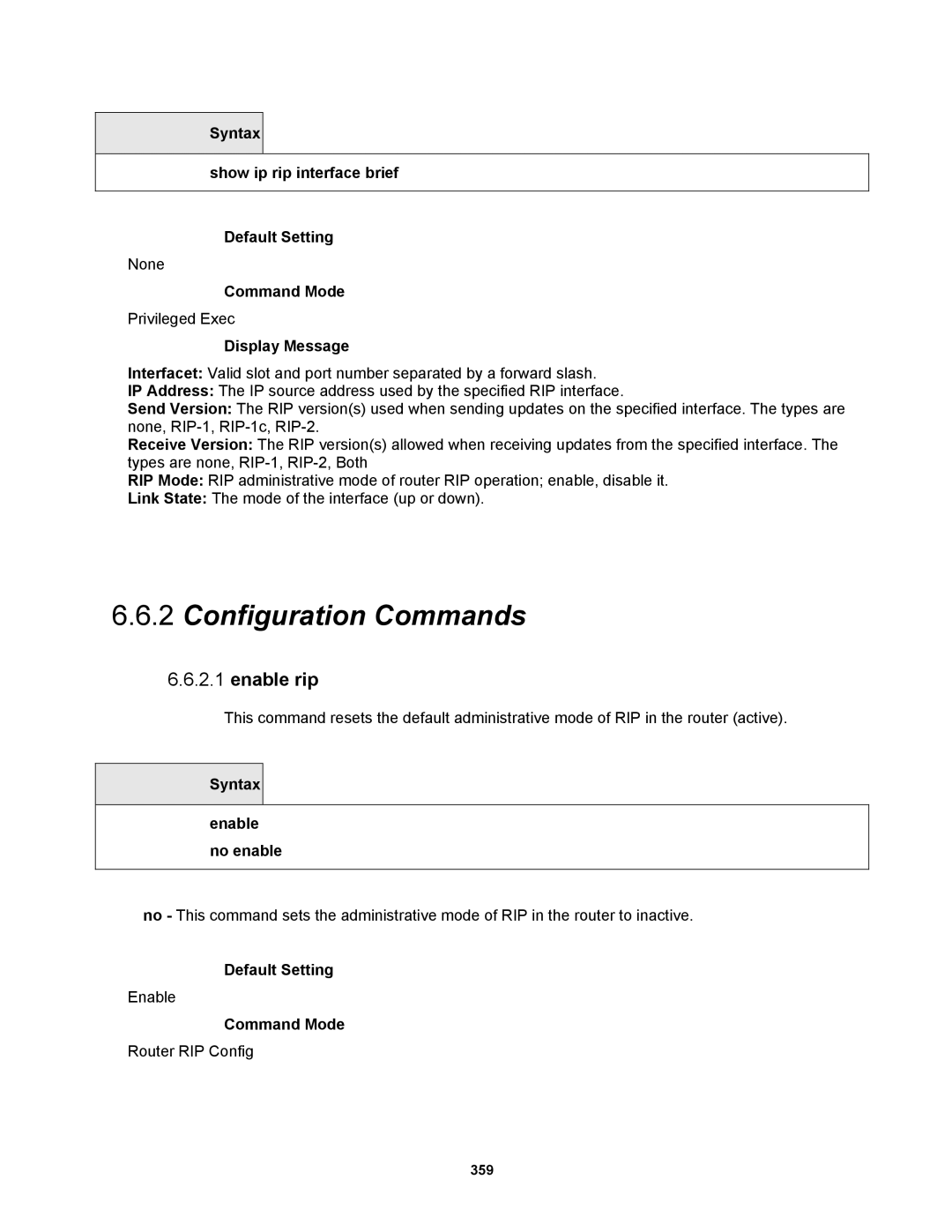 Fortinet MR1 manual Enable rip, Syntax Show ip rip interface brief Default Setting 