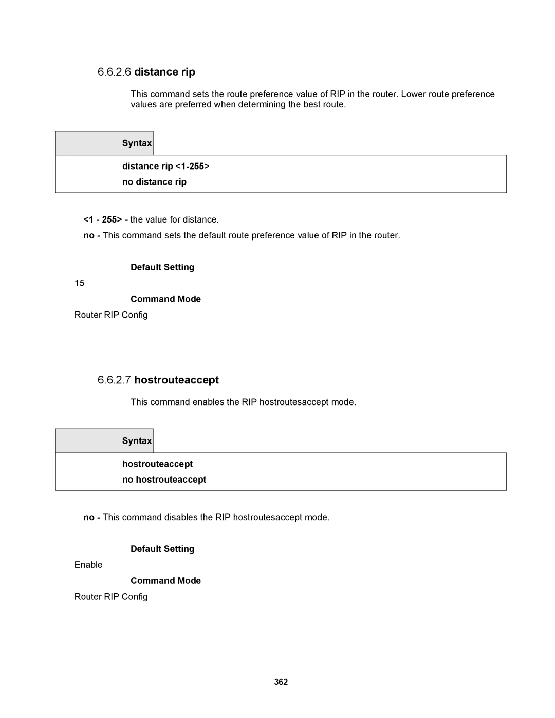 Fortinet MR1 manual Syntax Distance rip 1-255 no distance rip, Syntax Hostrouteaccept no hostrouteaccept 