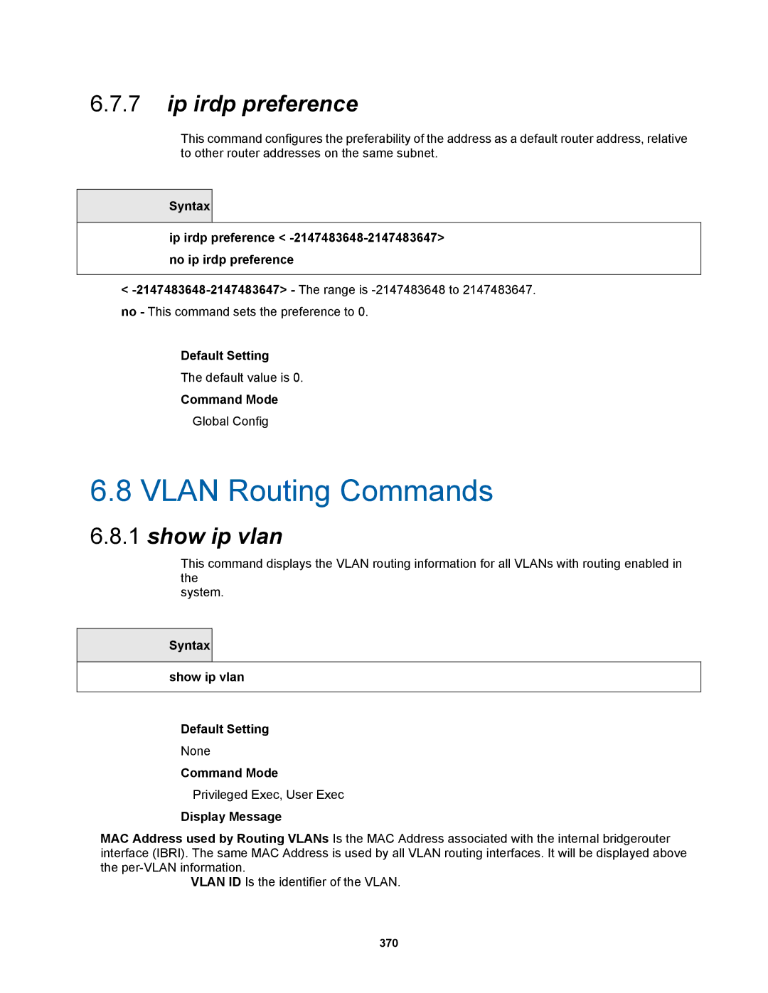 Fortinet MR1 manual Ip irdp preference, Syntax show ip vlan Default Setting 