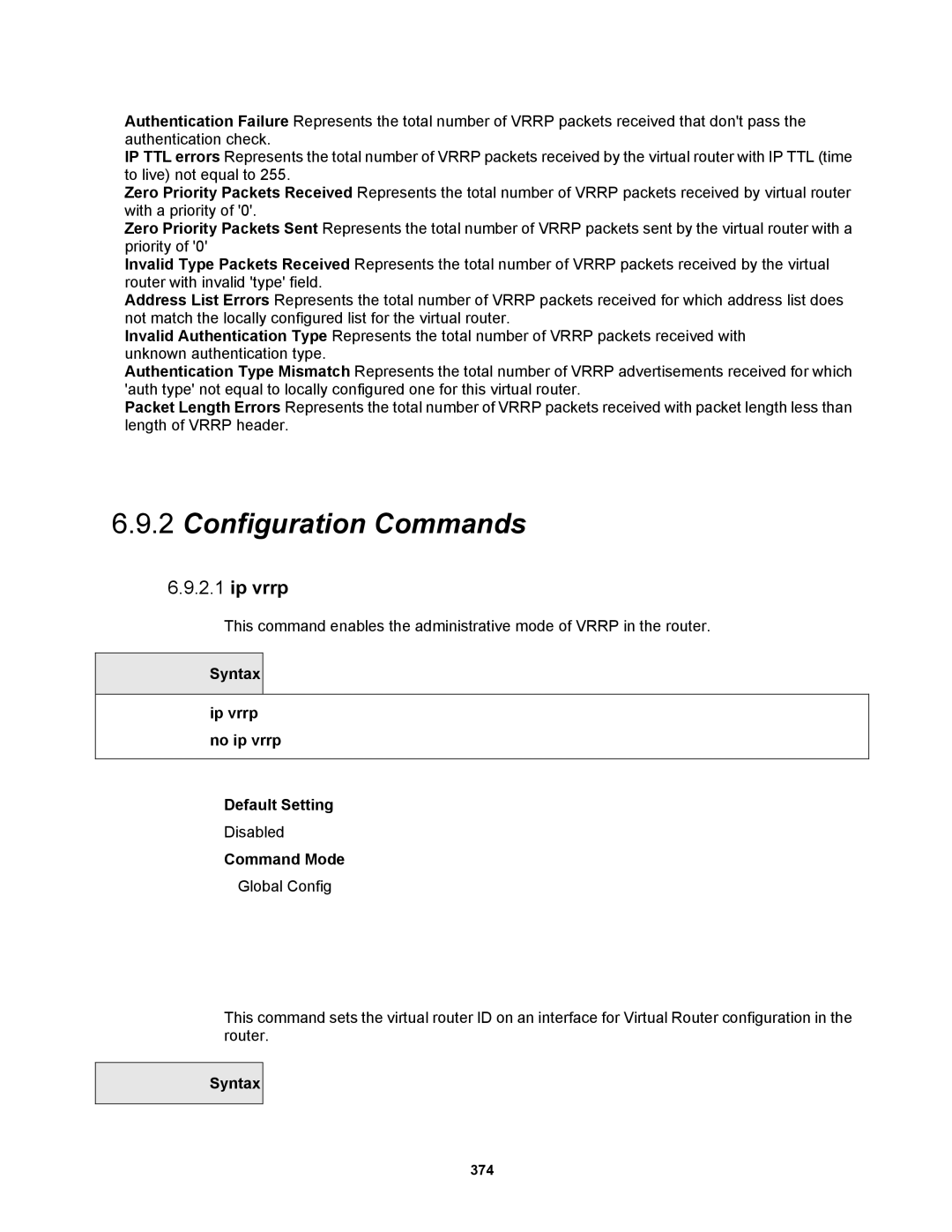 Fortinet MR1 manual Syntax Ip vrrp no ip vrrp Default Setting 