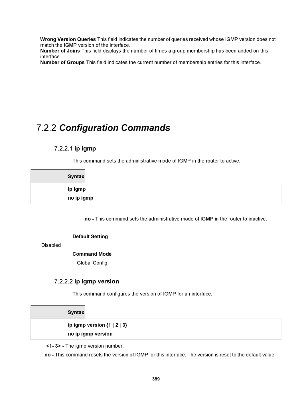 Fortinet MR1 manual Syntax Ip igmp no ip igmp, Syntax Ip igmp version 1 2 3 no ip igmp version 