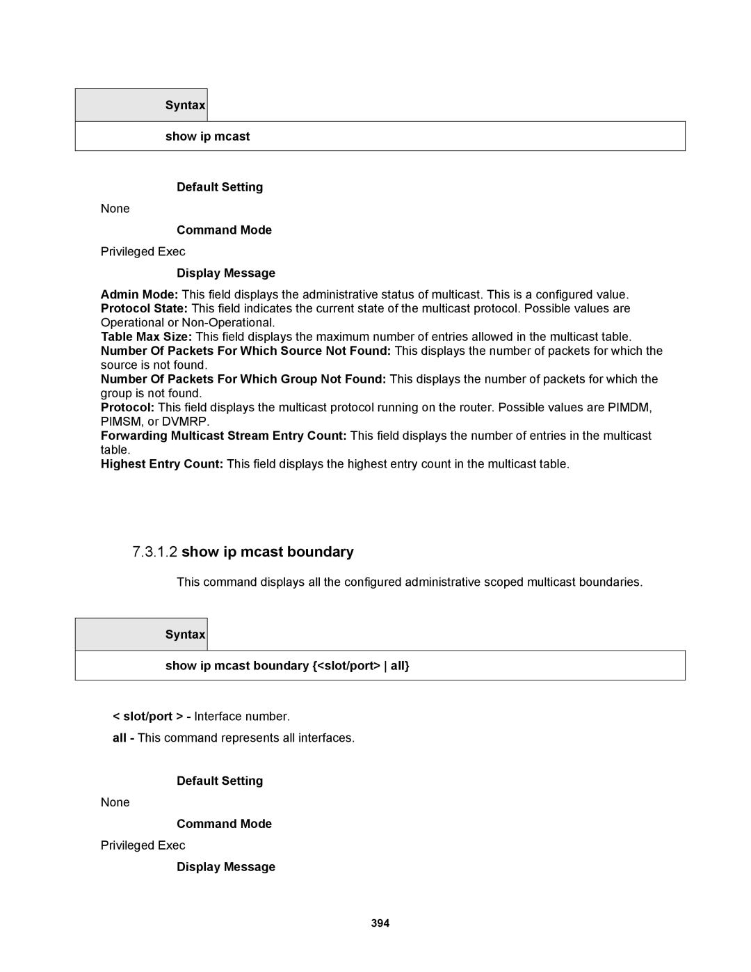 Fortinet MR1 manual Syntax Show ip mcast Default Setting, Syntax Show ip mcast boundary slot/port all 