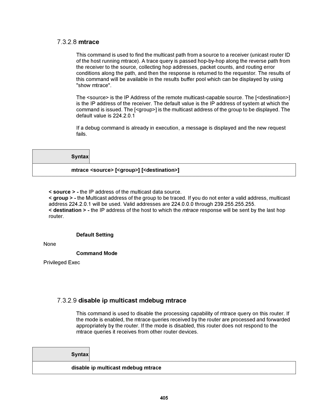 Fortinet MR1 manual Disable ip multicast mdebug mtrace, Syntax Mtrace source group destination 