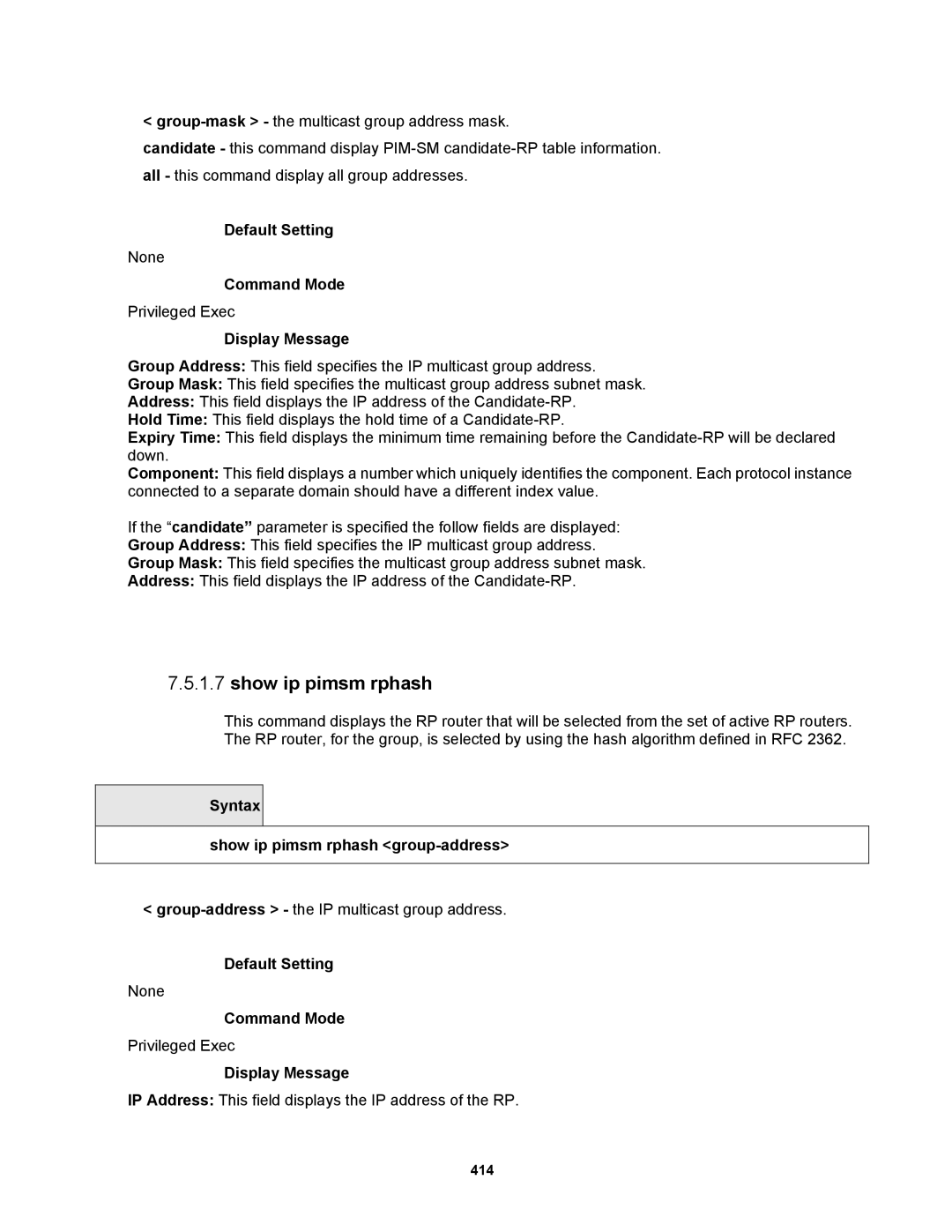 Fortinet MR1 manual Syntax Show ip pimsm rphash group-address 