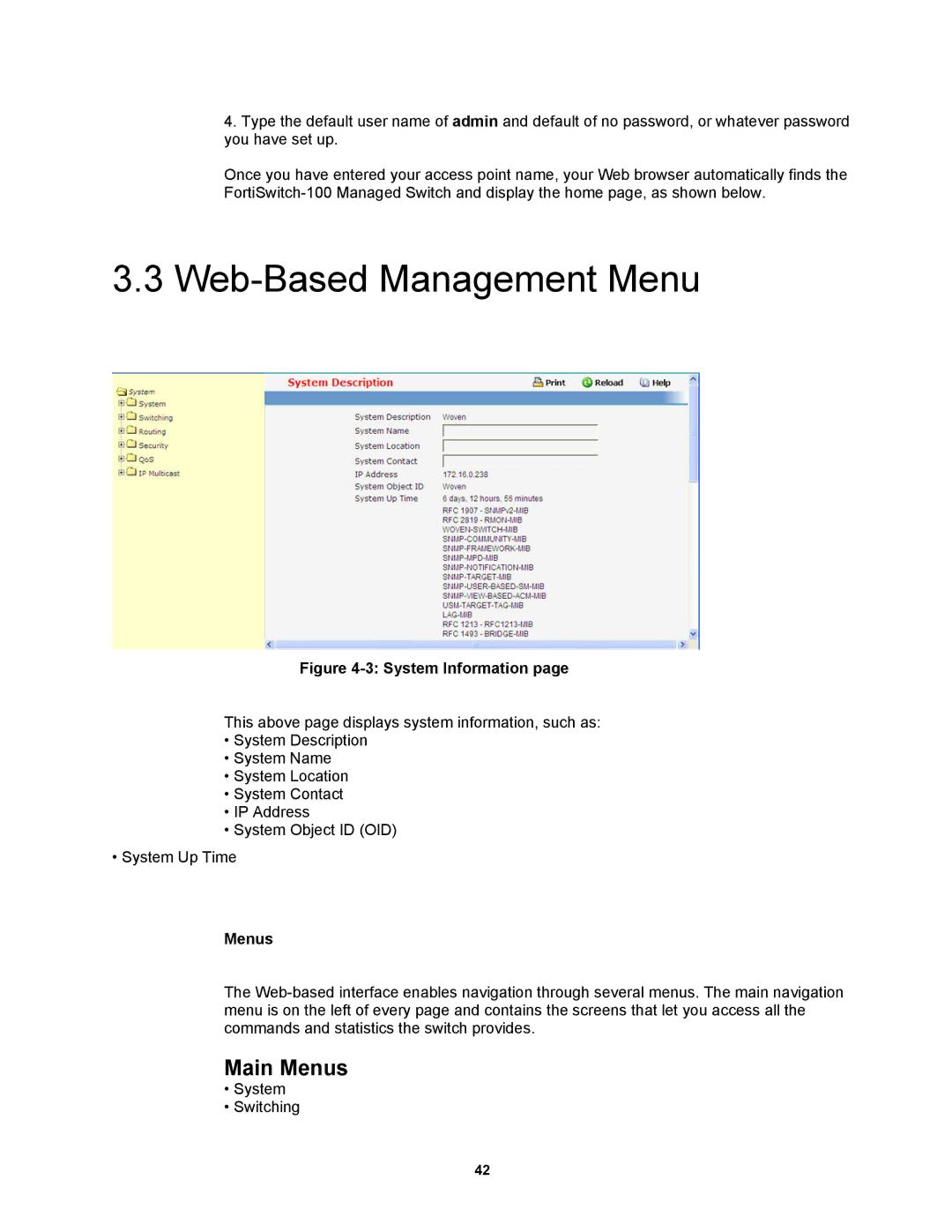 Fortinet MR1 manual System Information, Menus 