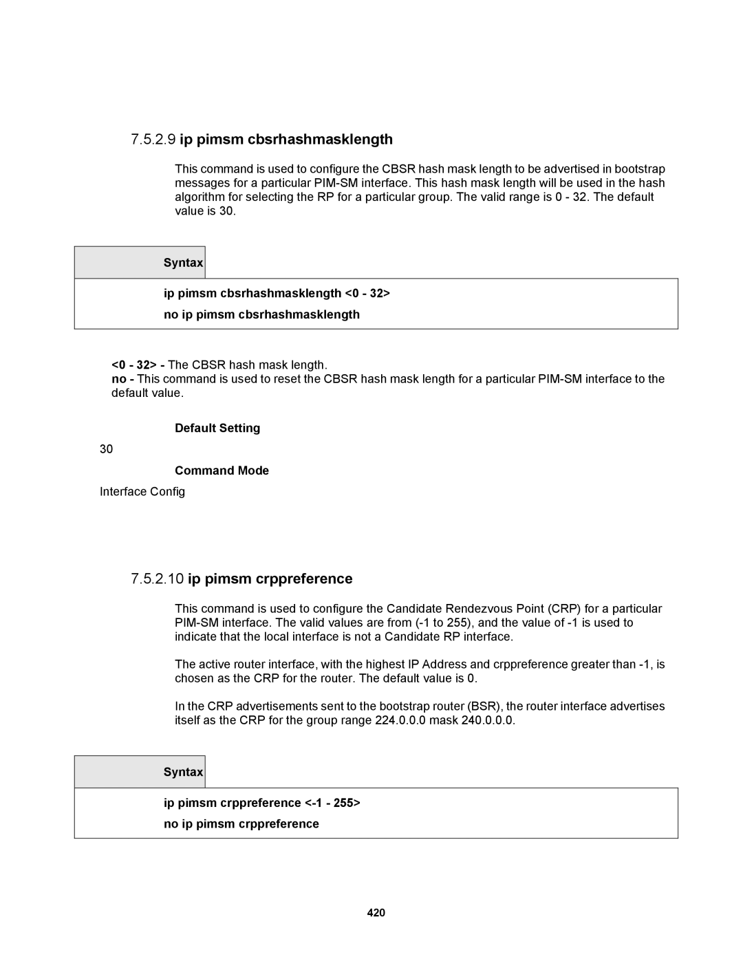 Fortinet MR1 manual Ip pimsm cbsrhashmasklength, Ip pimsm crppreference 