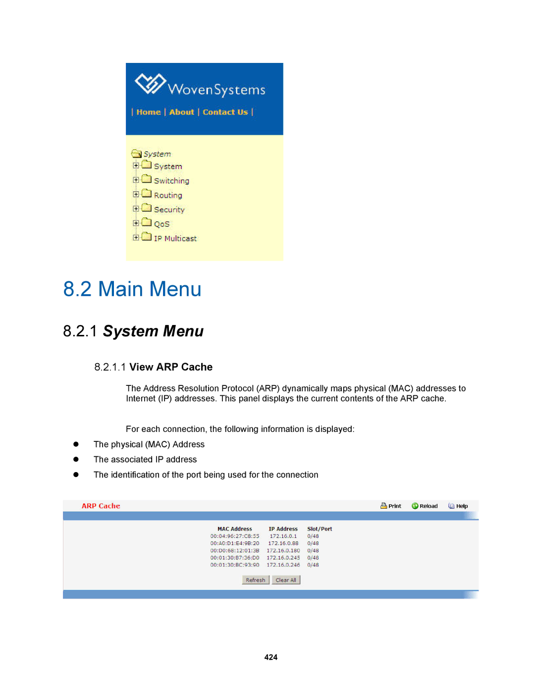 Fortinet MR1 manual Main Menu, View ARP Cache 