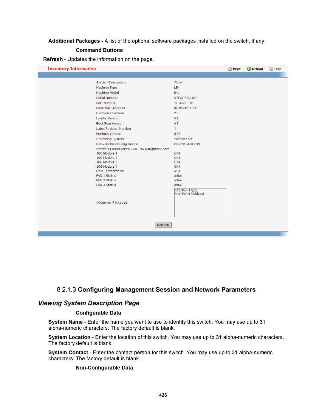 Fortinet MR1 manual Configuring Management Session and Network Parameters, Viewing System Description, Command Buttons 