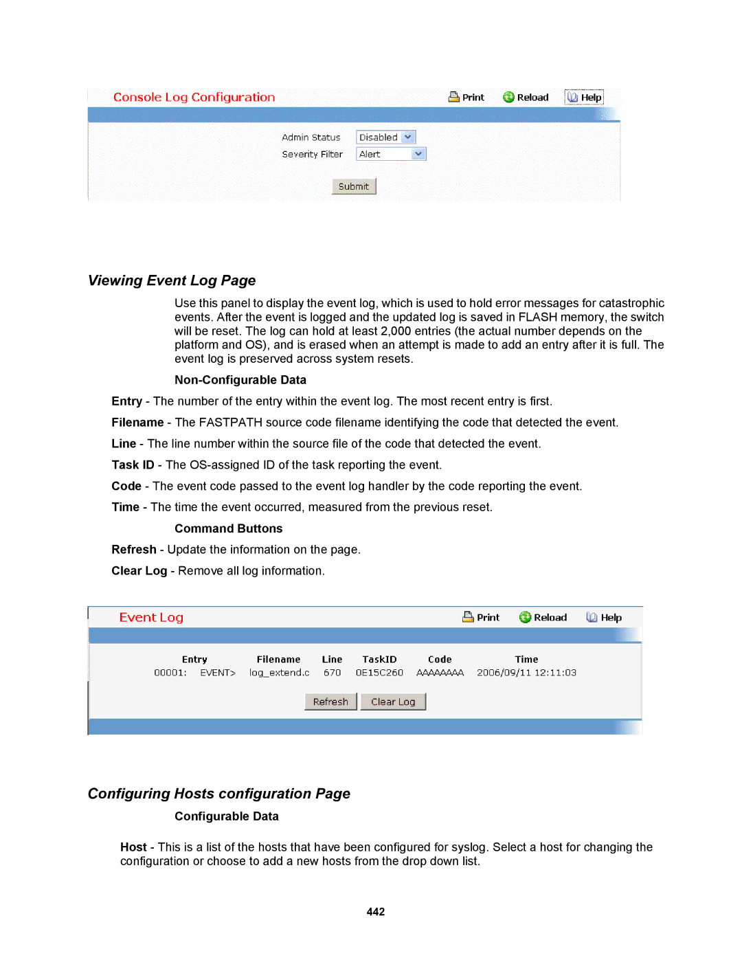 Fortinet MR1 manual Viewing Event Log, Configuring Hosts configuration 