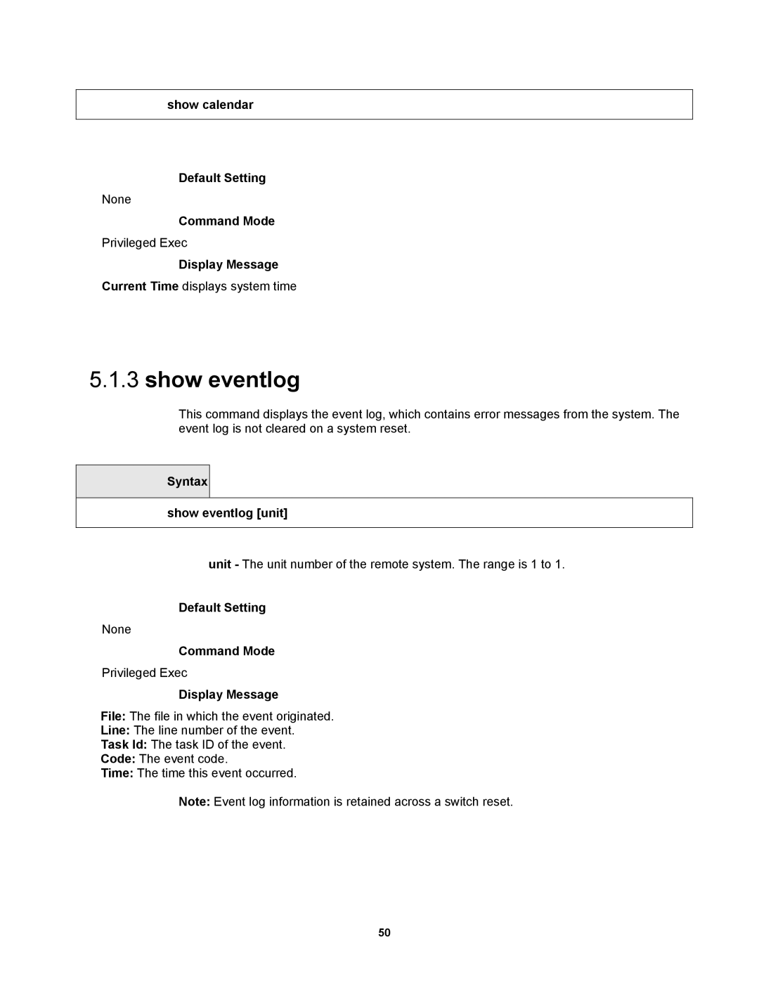 Fortinet MR1 manual Show calendar Default Setting, Syntax Show eventlog unit 