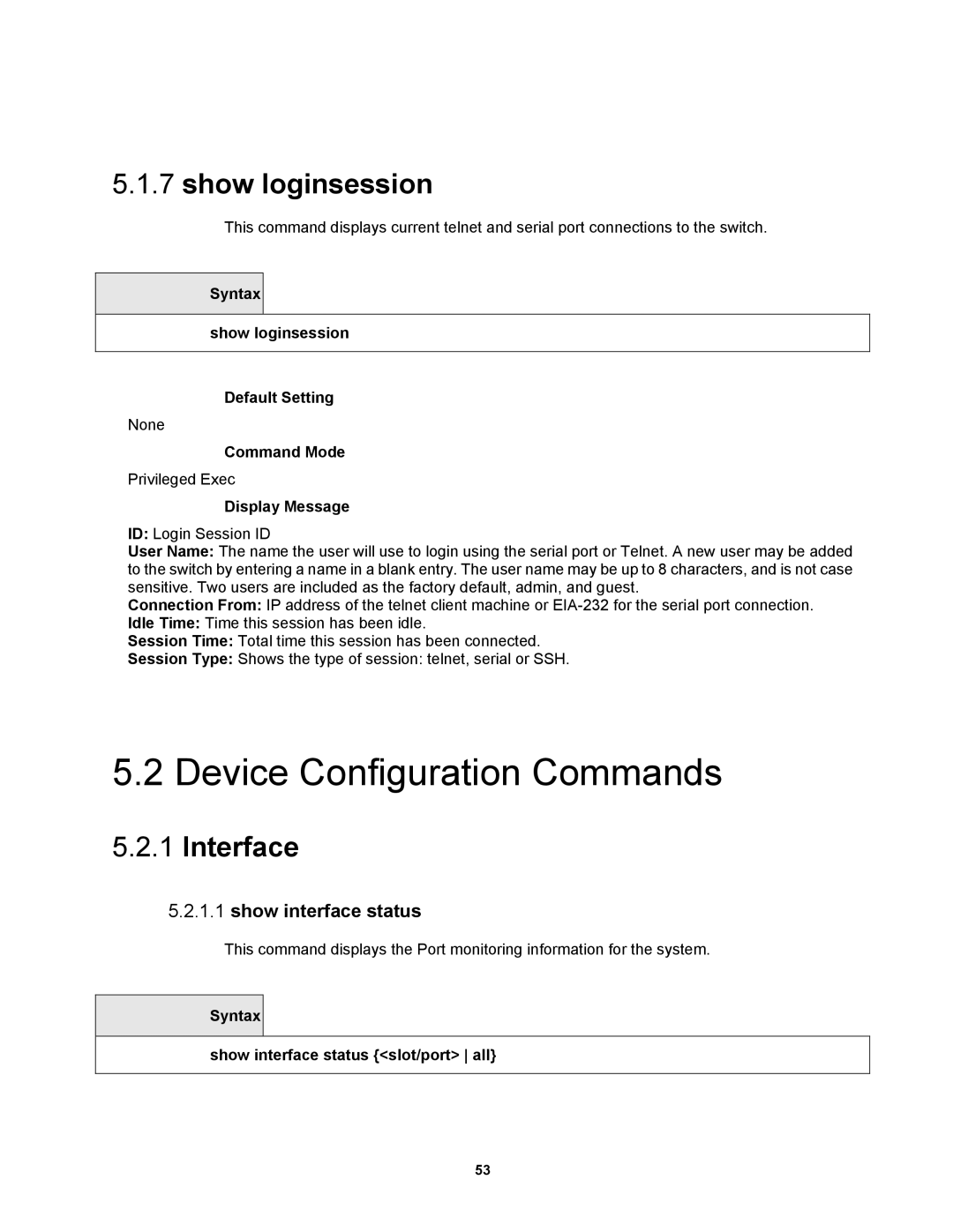 Fortinet MR1 manual Interface, Show interface status, Syntax Show loginsession Default Setting 