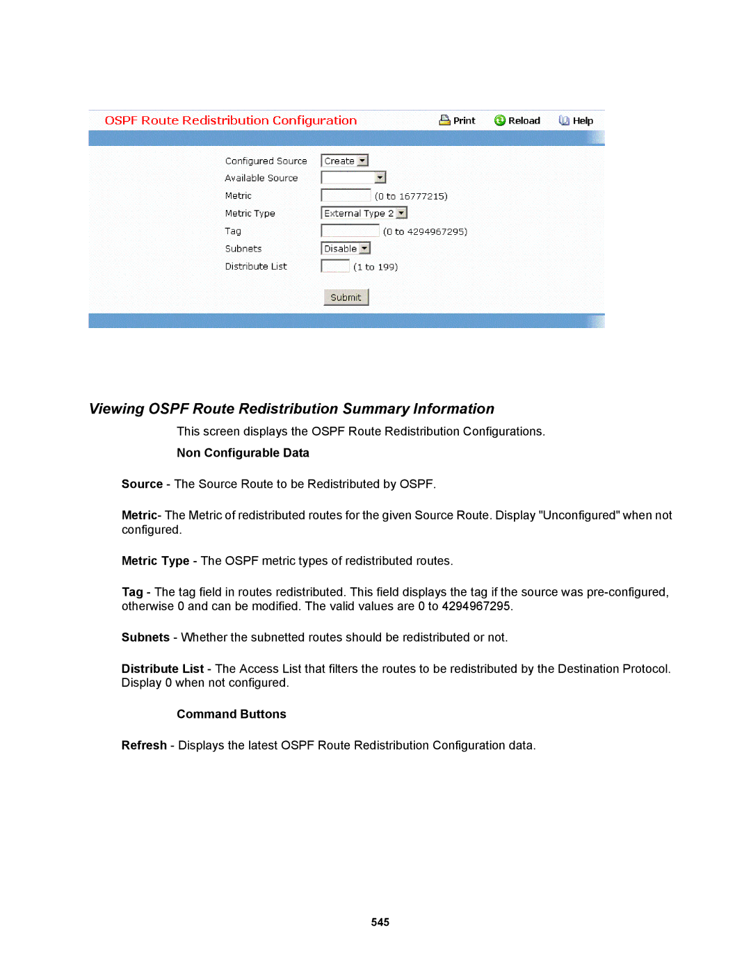 Fortinet MR1 manual Viewing Ospf Route Redistribution Summary Information, Non Configurable Data 