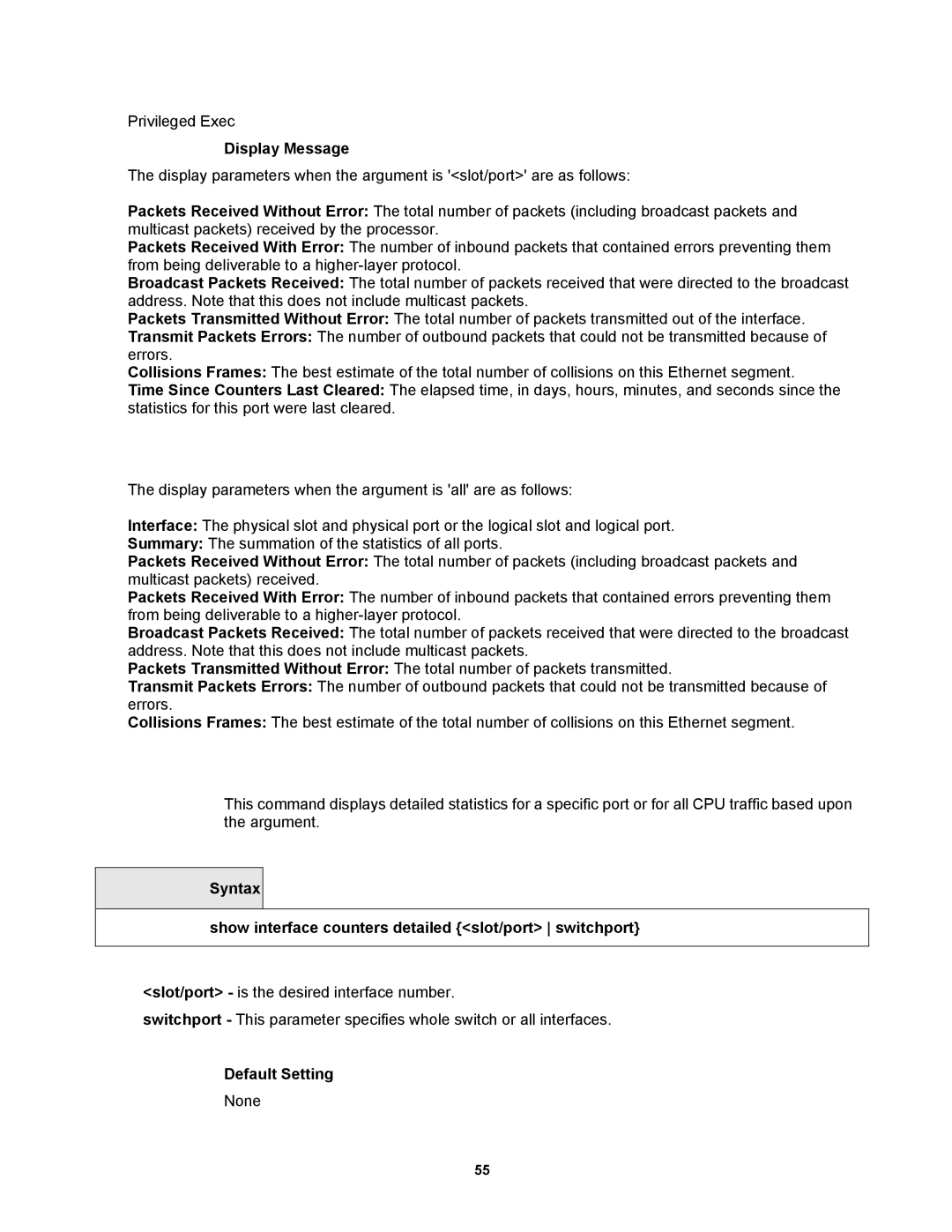 Fortinet MR1 manual Syntax Show interface counters detailed slot/port switchport 