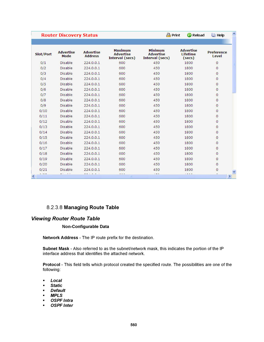 Fortinet MR1 manual Managing Route Table, Viewing Router Route Table, ƒ Local ƒ Static ƒ Default, ƒ Ospf Intra ƒ Ospf Inter 