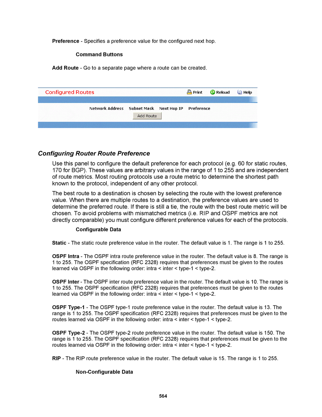 Fortinet MR1 manual Configuring Router Route Preference, Configurable Data 