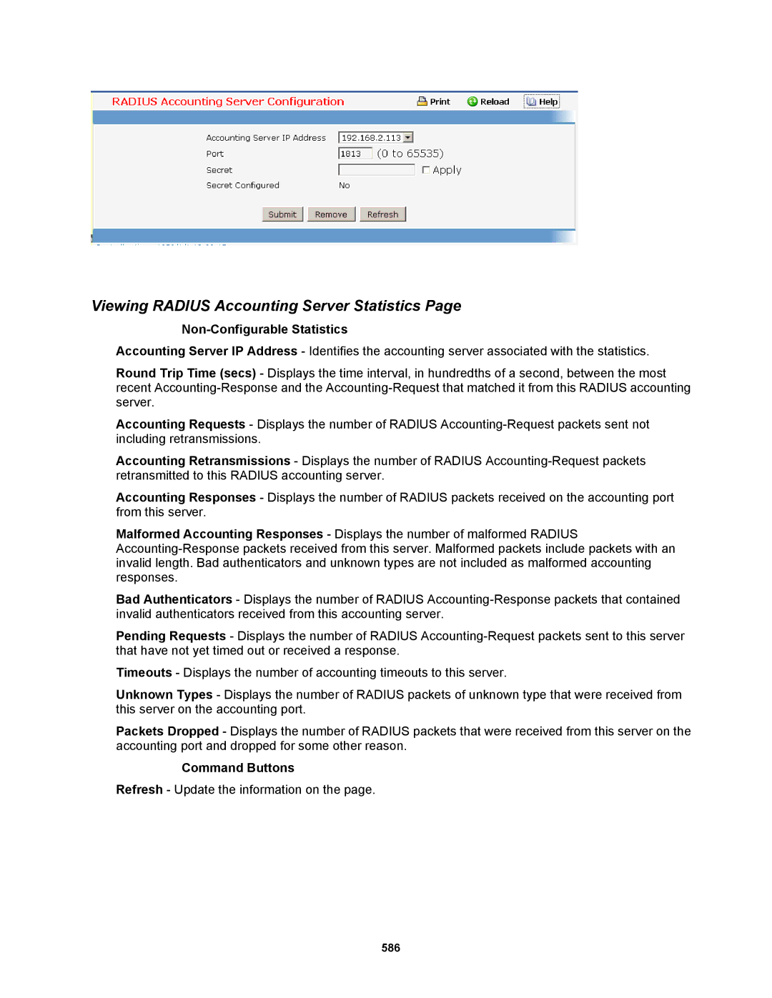 Fortinet MR1 manual Viewing Radius Accounting Server Statistics, Non-Configurable Statistics 