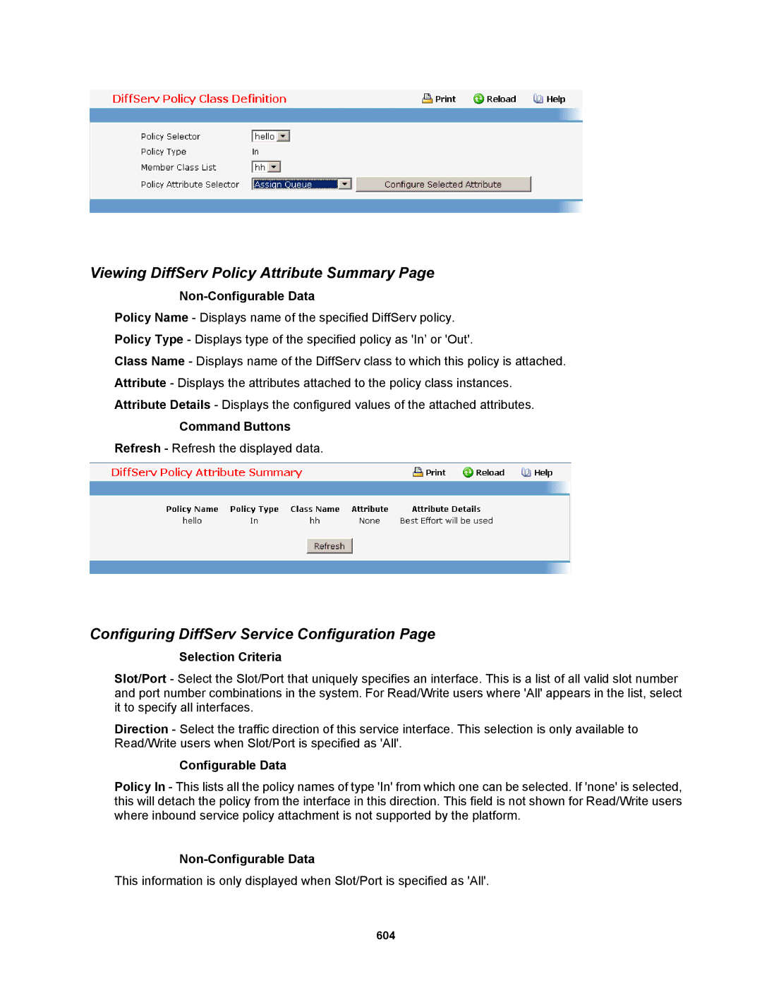 Fortinet MR1 manual Viewing DiffServ Policy Attribute Summary, Configuring DiffServ Service Configuration 