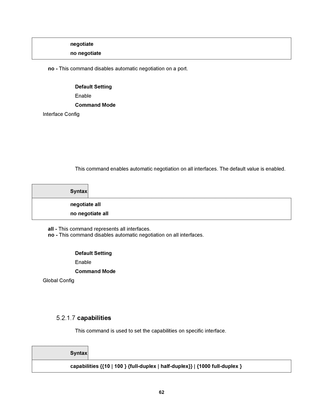 Fortinet MR1 manual Capabilities, Negotiate no negotiate, Syntax Negotiate all no negotiate all 