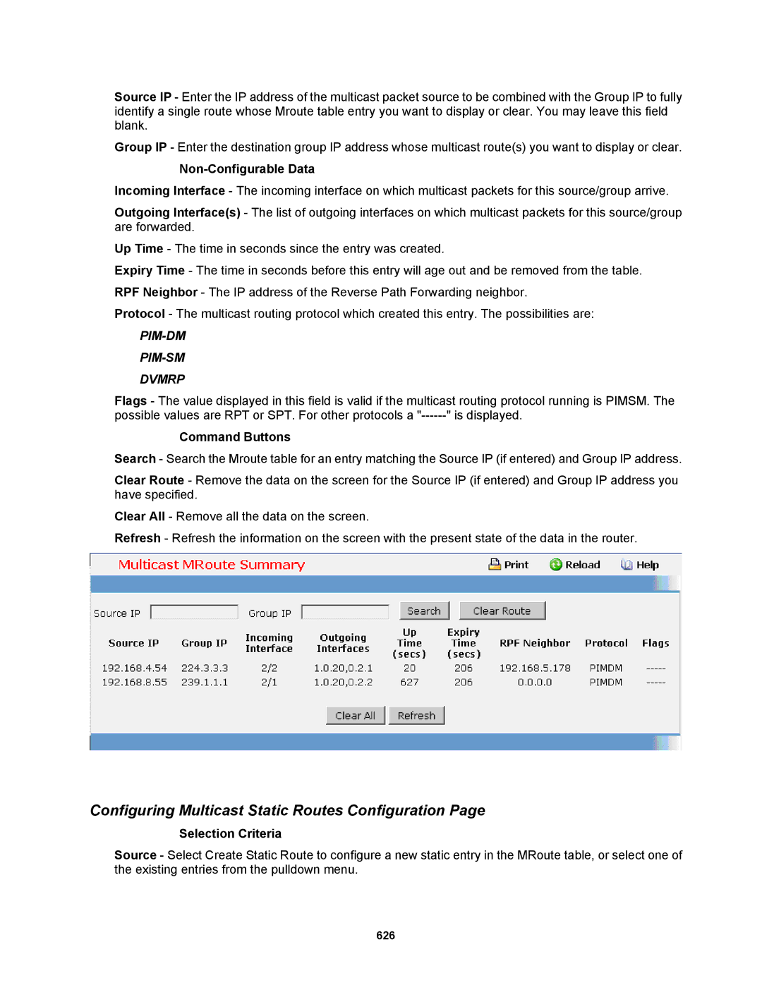 Fortinet MR1 manual Configuring Multicast Static Routes Configuration, PIM-DM PIM-SM Dvmrp 