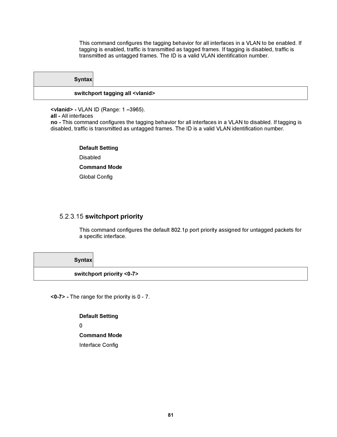 Fortinet MR1 manual Syntax Switchport tagging all vlanid, Syntax Switchport priority 