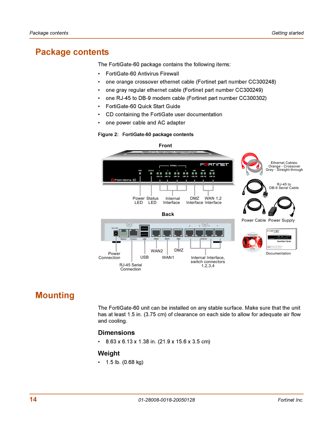 Fortinet MR8 manual Package contents, Mounting 