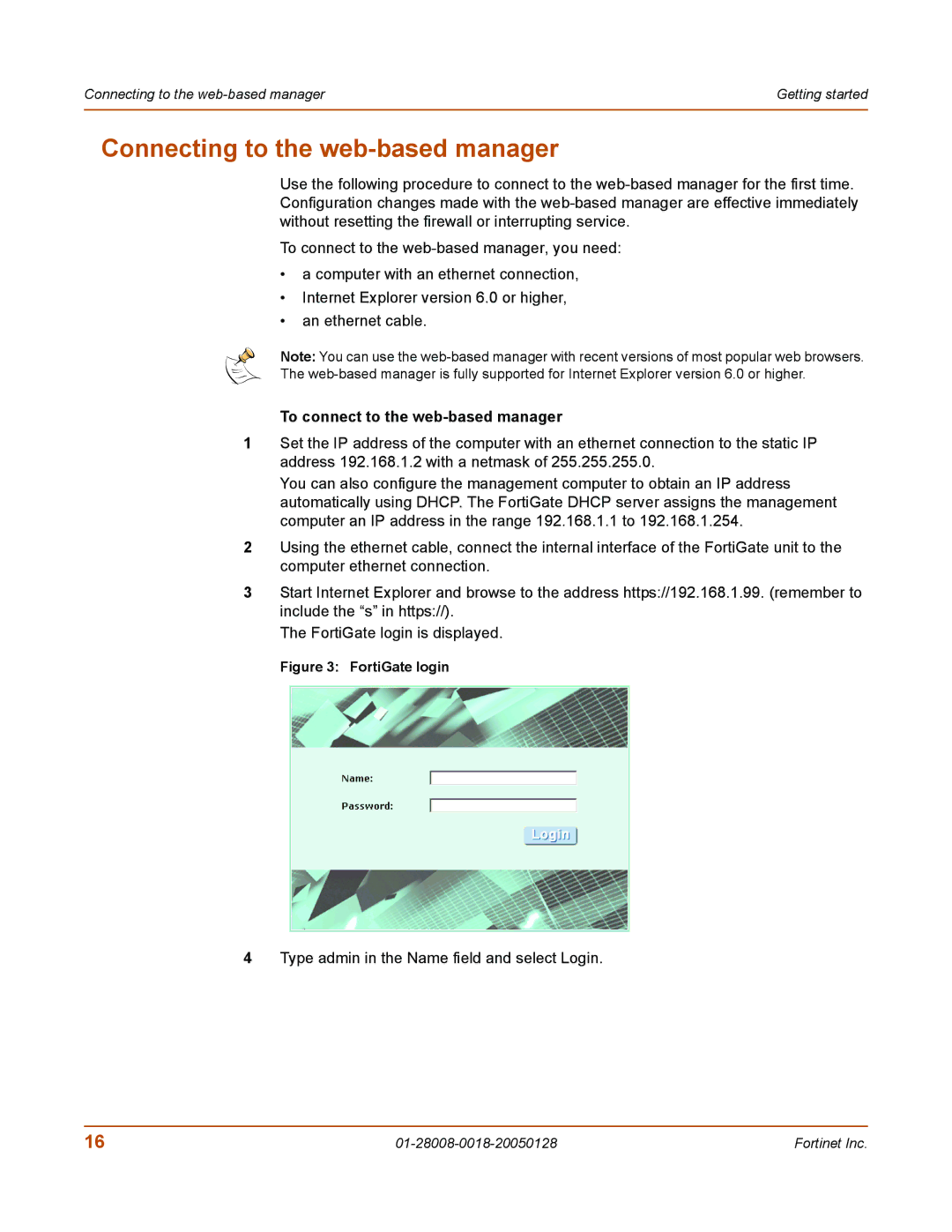 Fortinet MR8 manual Connecting to the web-based manager, To connect to the web-based manager 