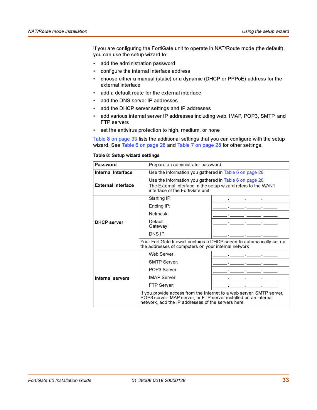 Fortinet MR8 manual Setup wizard settings Password, External Interface, Dhcp server, Internal servers 