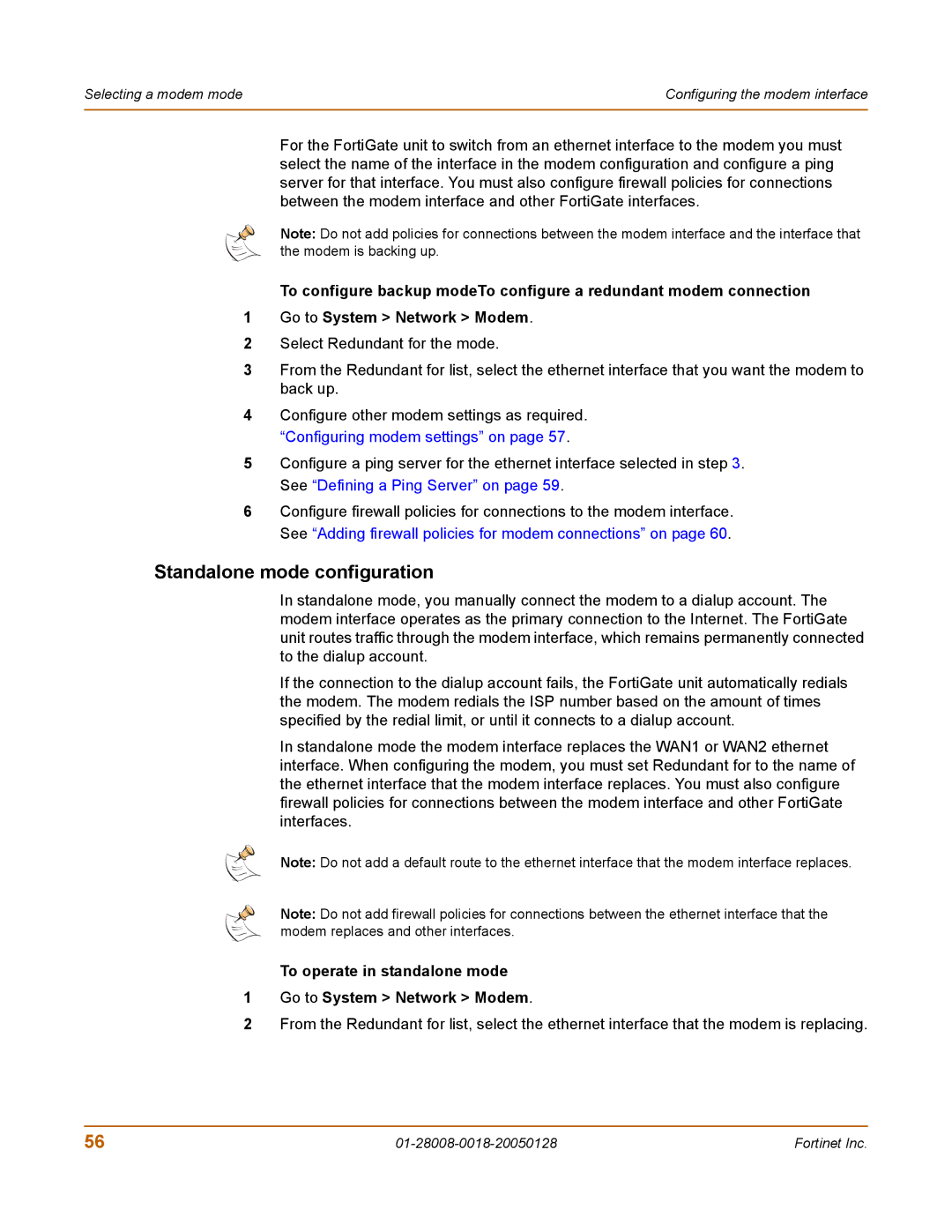 Fortinet MR8 manual Standalone mode configuration, To operate in standalone mode Go to System Network Modem 