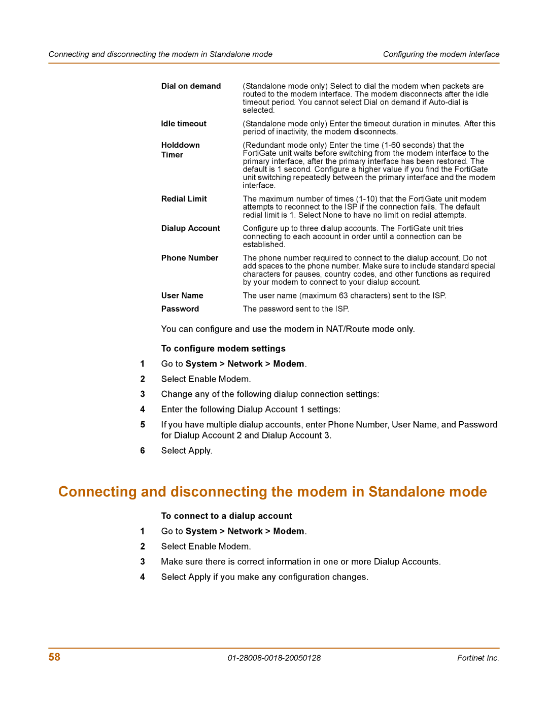 Fortinet MR8 manual Connecting and disconnecting the modem in Standalone mode 