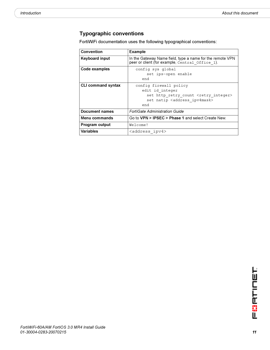 Fortinet ORTIWIFI-60A /AM manual Typographic conventions, Addressipv4 