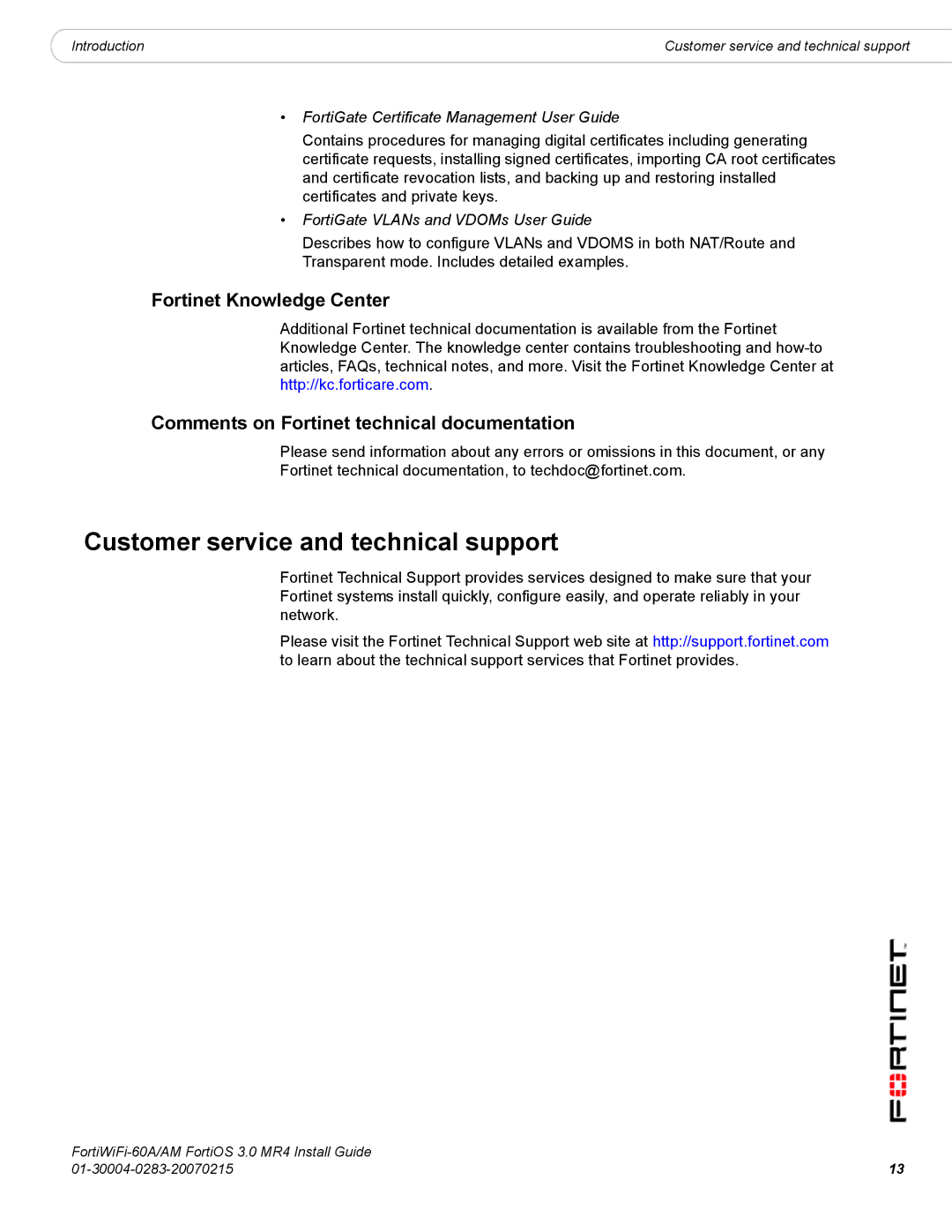 Fortinet ORTIWIFI-60A /AM manual Customer service and technical support, Fortinet Knowledge Center 