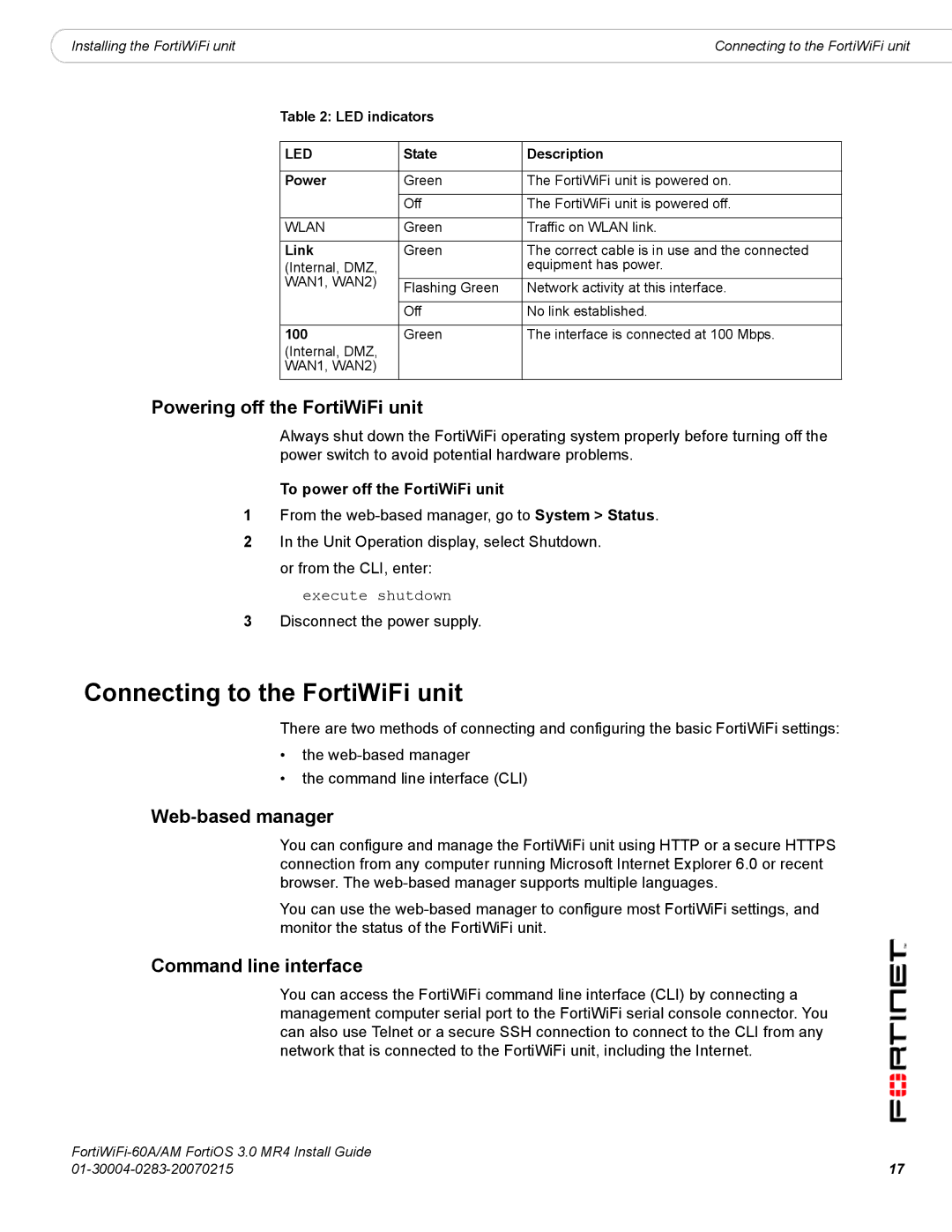 Fortinet ORTIWIFI-60A /AM manual Connecting to the FortiWiFi unit, Powering off the FortiWiFi unit, Web-based manager 