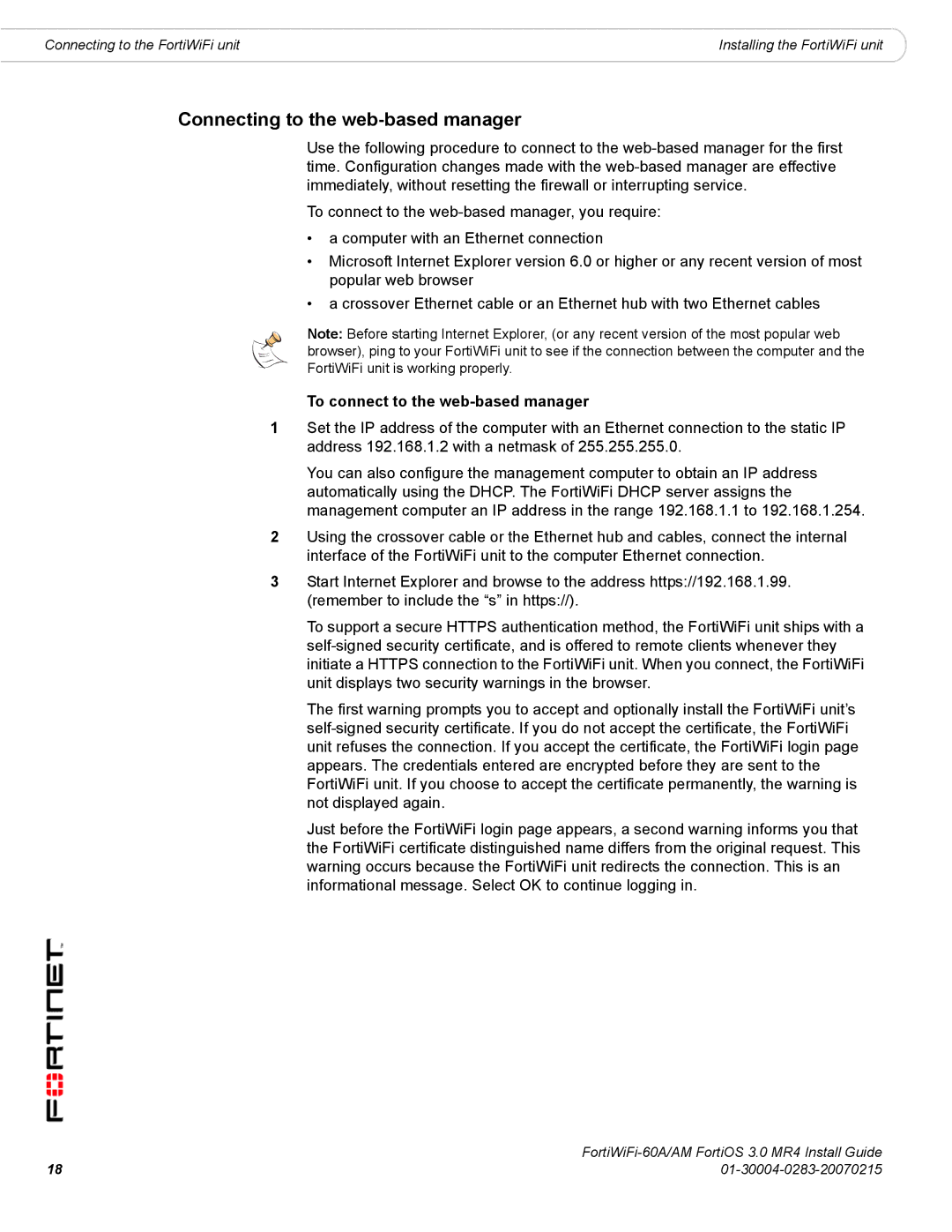 Fortinet ORTIWIFI-60A /AM manual Connecting to the web-based manager, To connect to the web-based manager 